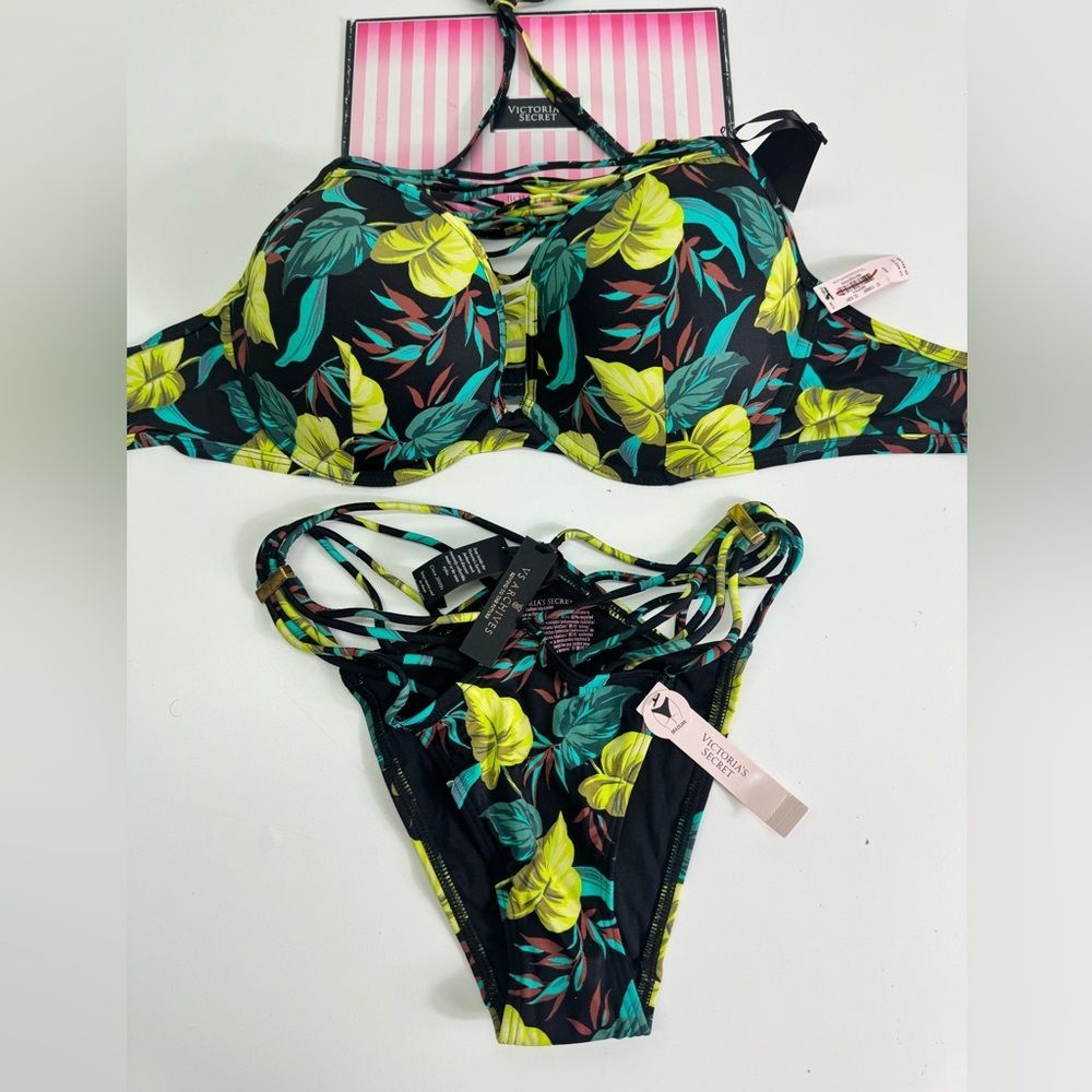 Victoria's Secret Tropical Leaf Bikini Set Sz 32c Pushup / M Nwt